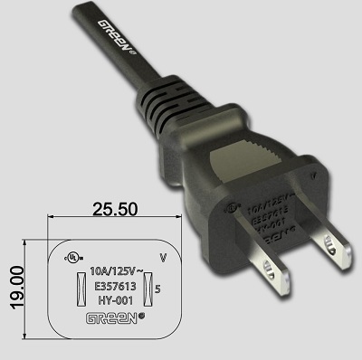 평평한 2핀 플러그 전원 코드